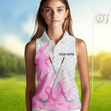 Load image into Gallery viewer, Pink ribbon breast cancer pattern custom name white Women Sleeveless polo shirts team ladies golf top NQS10421
