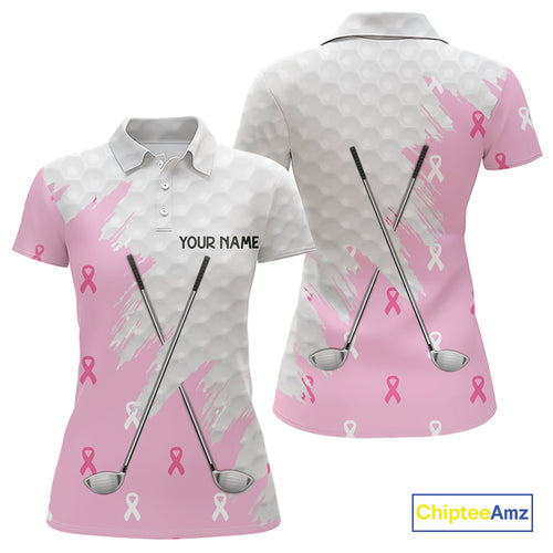 Light Pink ribbon breast cancer pattern custom white Women golf polo shirt, team ladies golf top NQS10422