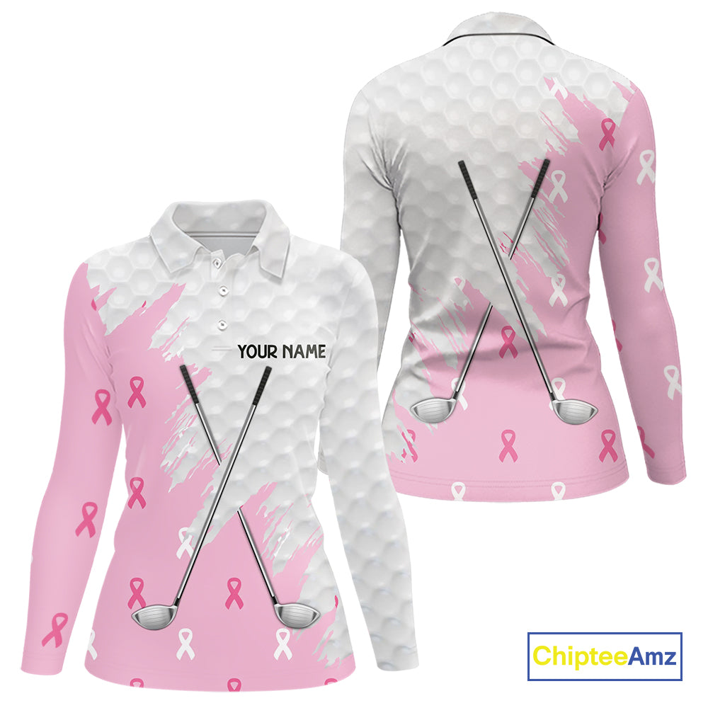Light Pink ribbon breast cancer pattern custom white Women golf polo shirt, team ladies golf top NQS10422