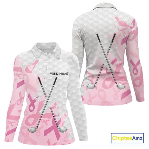 Breast cancer Women golf polo shirts custom Pink ribbon pattern golf clubs team golf tops for ladies NQS10423