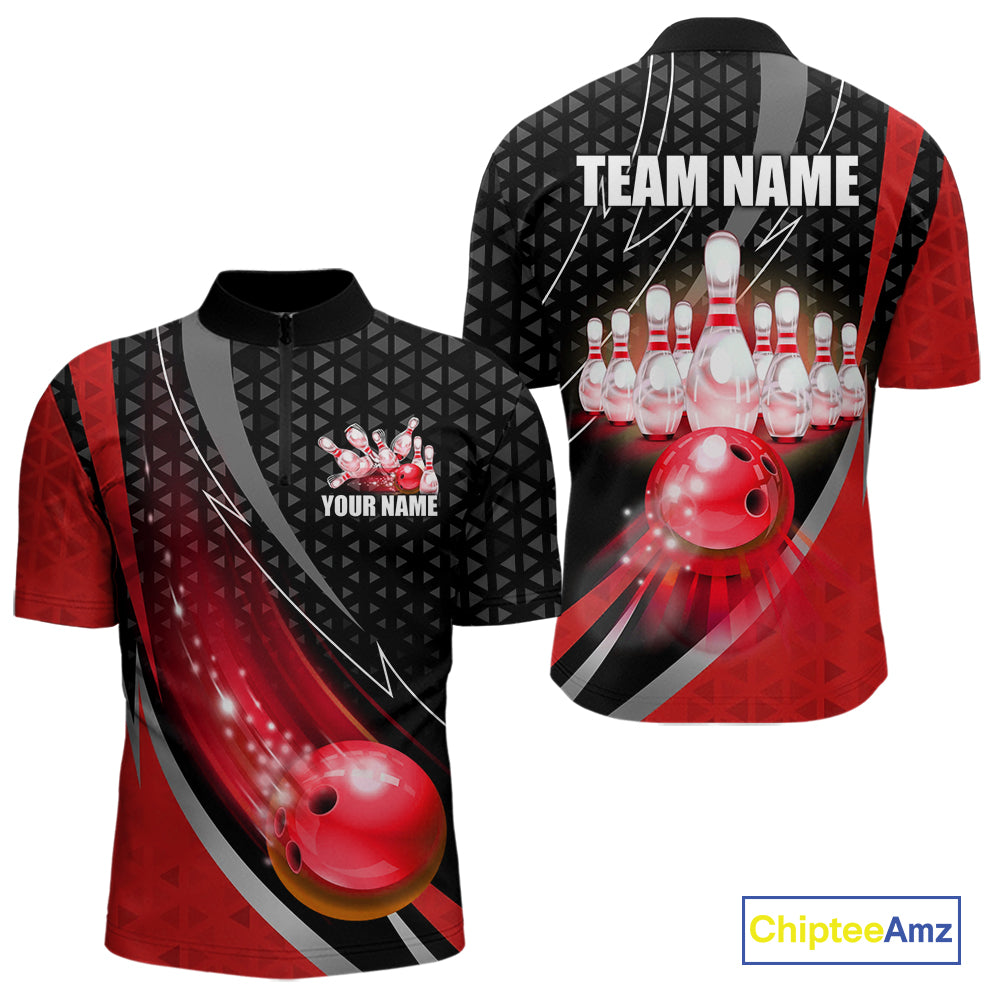 Black and Red Bowling Camo Polo, 1/4 Zip Shirt for Men Custom Team Bowling jerseys, Bowler Outfit NQS10424