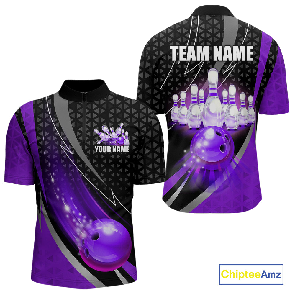 Black and Purple Bowling Camo Polo, 1/4 Zip Shirt for Men Custom Team Bowling jerseys, Bowler Outfit NQS10426