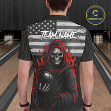Load image into Gallery viewer, Black &amp; White Camo American Flag Red Flame Skull Reaper Mens Bowling Shirt Custom Team Bowling Jersey NQS10852