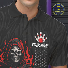 Load image into Gallery viewer, Black &amp; White Camo American Flag Red Flame Skull Reaper Mens Bowling Shirt Custom Team Bowling Jersey NQS10852