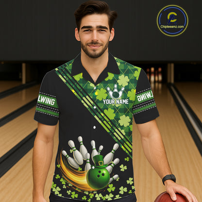 Black and Green shamrock argyle pattern Bowling Hawaiian Shirt Custom St Patrick Team Bowling Jersey NQS11237