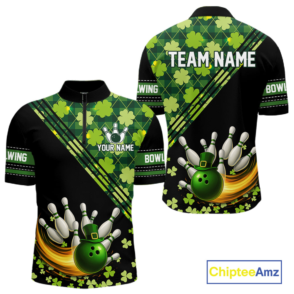 Black and Green shamrock argyle pattern Bowling Shirts For Men Custom St Patrick Team Bowling Jerseys NQS11237