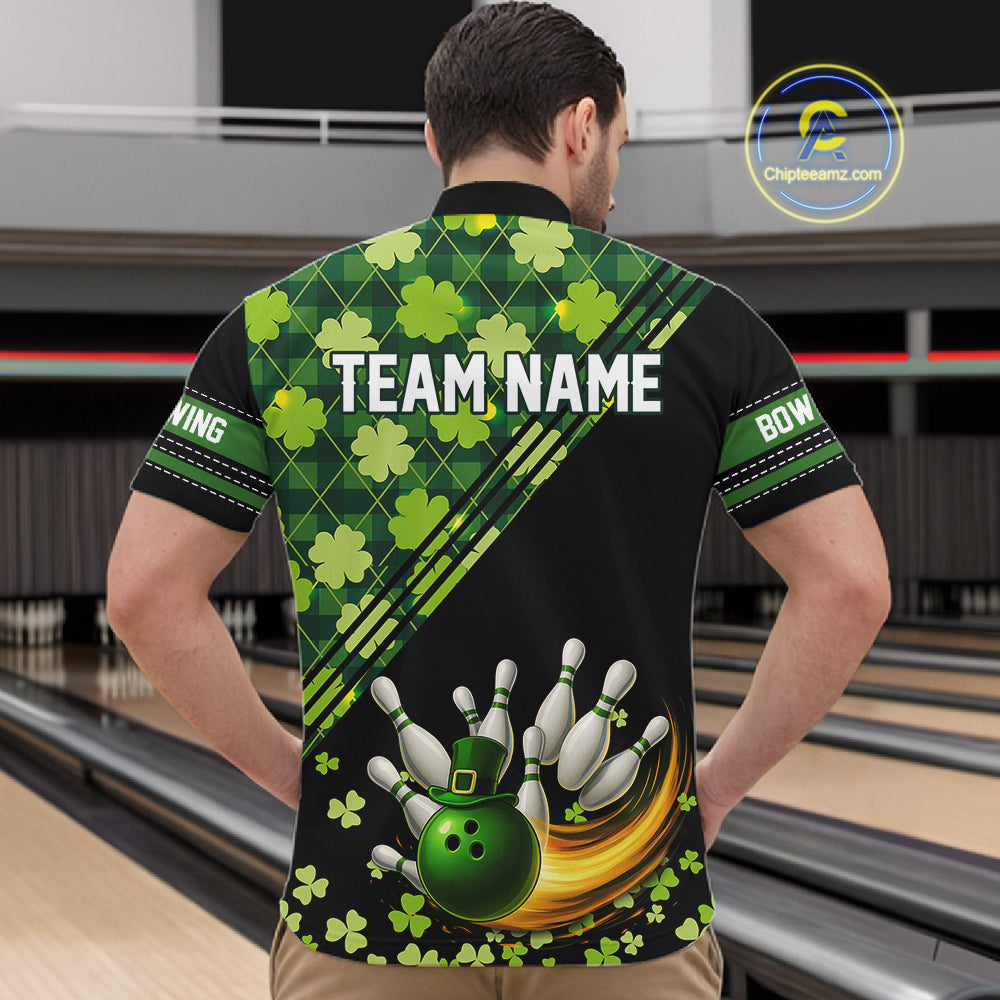 Black and Green shamrock argyle pattern Bowling Shirts For Men Custom St Patrick Team Bowling Jerseys NQS11237