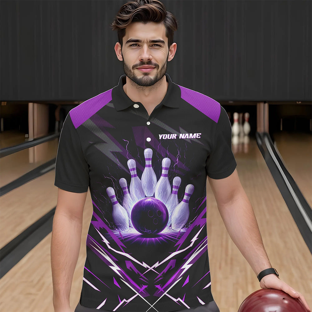 Black and Purple Lightning thunder Bowling Polo, Quarter Zip shirts for Men Custom Bowling Team Jersey NQS9358