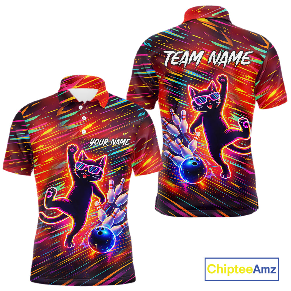Funny Colorful Neon Cat Bowling Polo shirt, 1/4 zip shirts for men custom Bowling Team League Shirts NQS11429