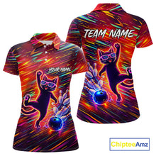 Load image into Gallery viewer, Funny Colorful Neon Cat Bowling Polo shirt, 1/4 zip shirts for Women custom Bowling Team League Shirt NQS11429
