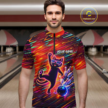 Load image into Gallery viewer, Funny Colorful Neon Cat Bowling Polo shirt, 1/4 zip shirts for men custom Bowling Team League Shirts NQS11429