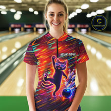 Load image into Gallery viewer, Funny Colorful Neon Cat Bowling Polo shirt, 1/4 zip shirts for Women custom Bowling Team League Shirt NQS11429
