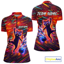 Load image into Gallery viewer, Funny Colorful Neon Cat Bowling Polo shirt, 1/4 zip shirts for Women custom Bowling Team League Shirt NQS11429