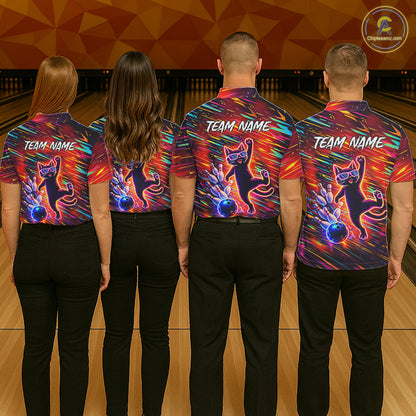 Funny Colorful Neon Cat Bowling Polo shirt, 1/4 zip shirts for men custom Bowling Team League Shirts NQS11429