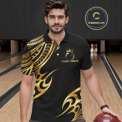 Black and Gold tribal pattern Bowling Polo, Quarter Zip Shirts For Men Custom Bowling Team Jerseys NQS11732