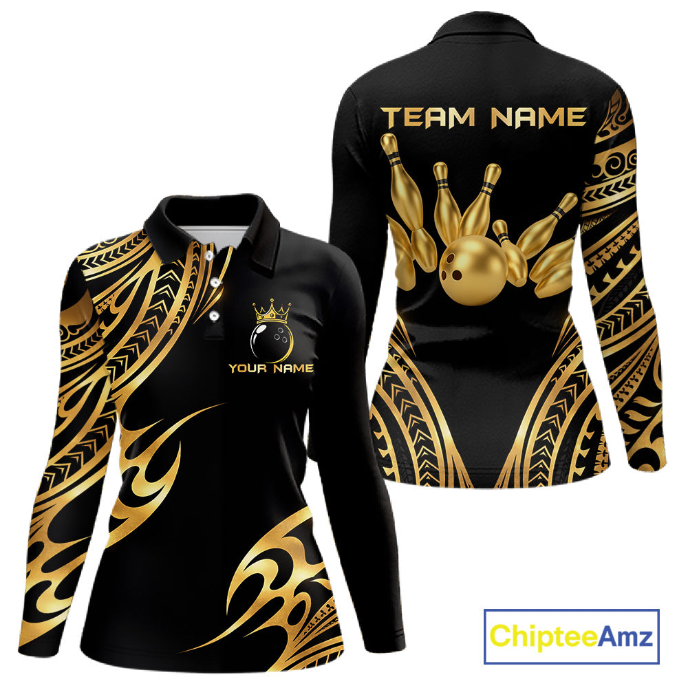 Black and Gold tribal pattern Bowling Polo, Quarter Zip Shirts For Women Custom Bowling Team Jerseys NQS11732