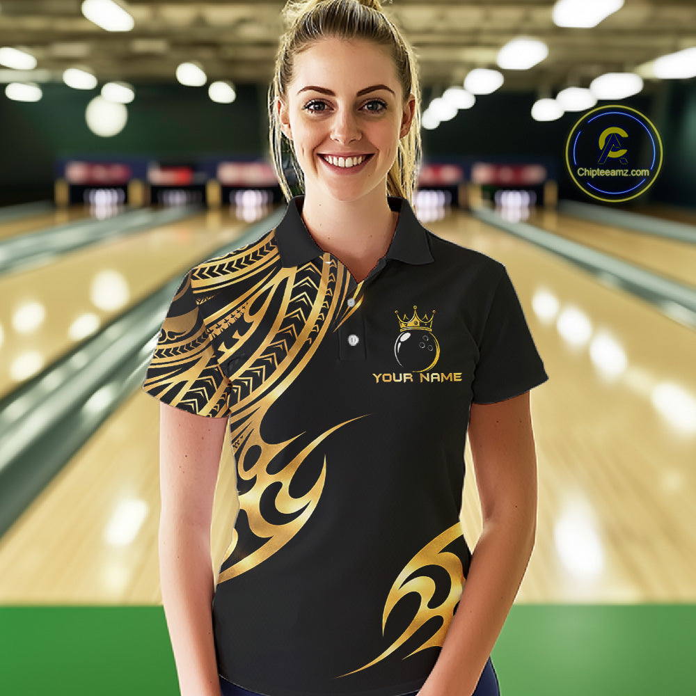 Black and Gold tribal pattern Bowling Polo, Quarter Zip Shirts For Women Custom Bowling Team Jerseys NQS11732