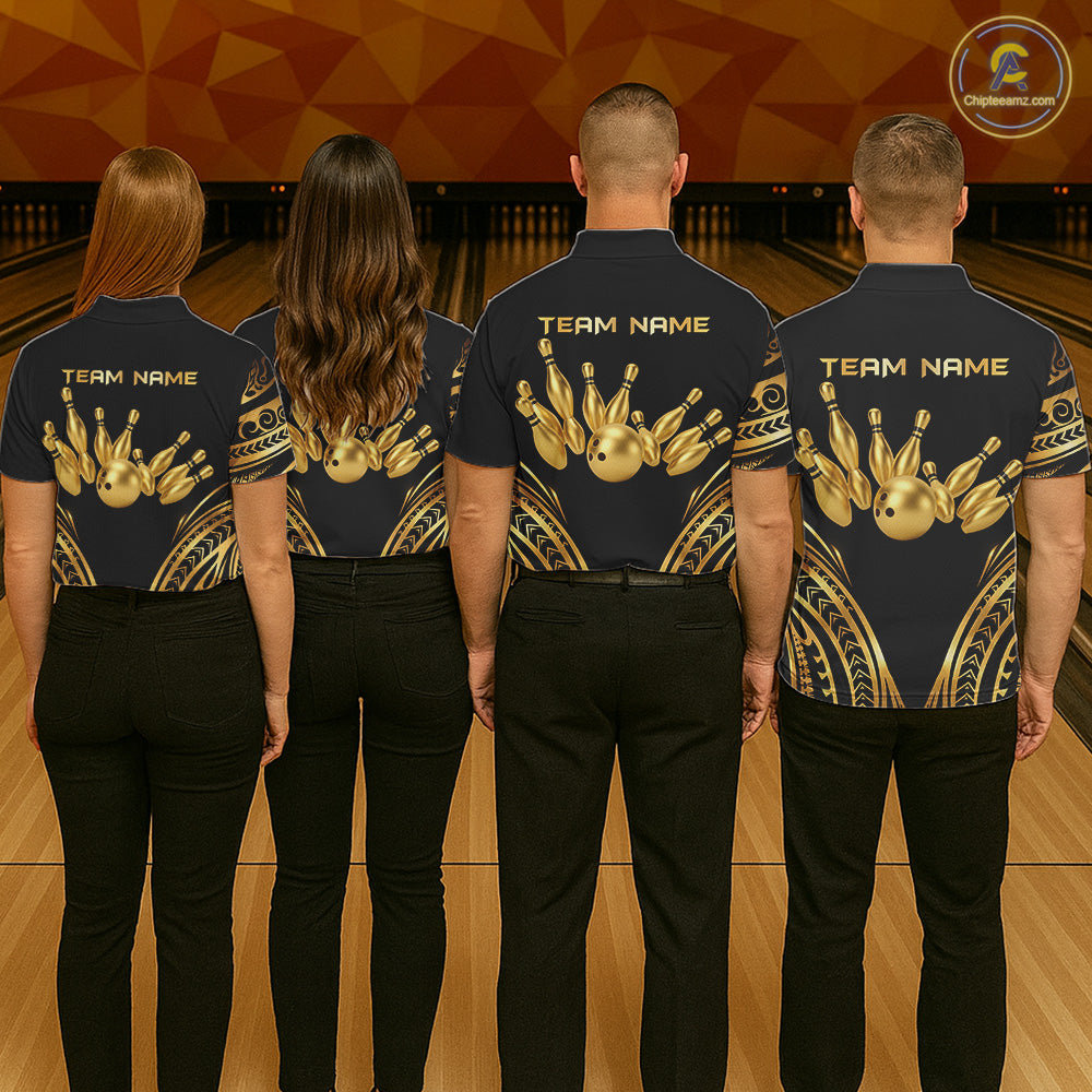 Black and Gold tribal pattern Bowling Polo, Quarter Zip Shirts For Men Custom Bowling Team Jerseys NQS11732