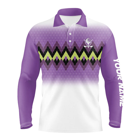 Purple graphic stripe argyle pattern custom Mens golf polo shirts, personalized mens golf tops NQS7611