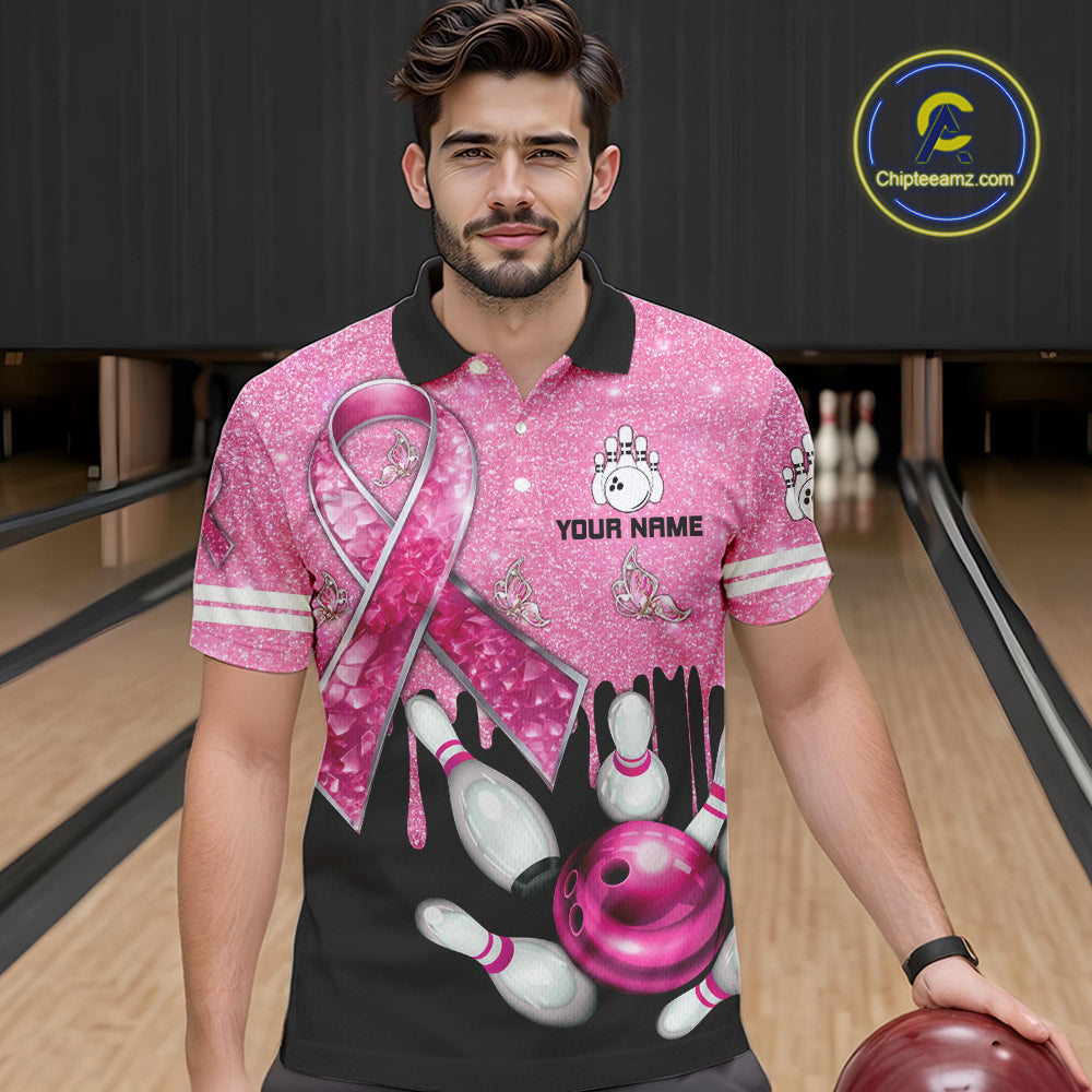 Black and Pink ribbon glitter Bowling Shirts For Men Custom breast cancer team bowling jerseys NQS9950