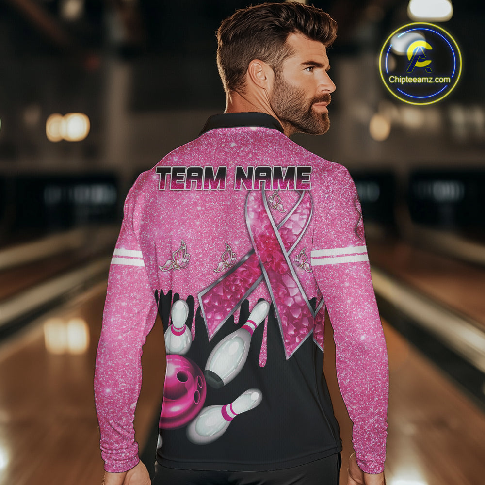 Black and Pink ribbon glitter Bowling Shirts For Men Custom breast cancer team bowling jerseys NQS9950