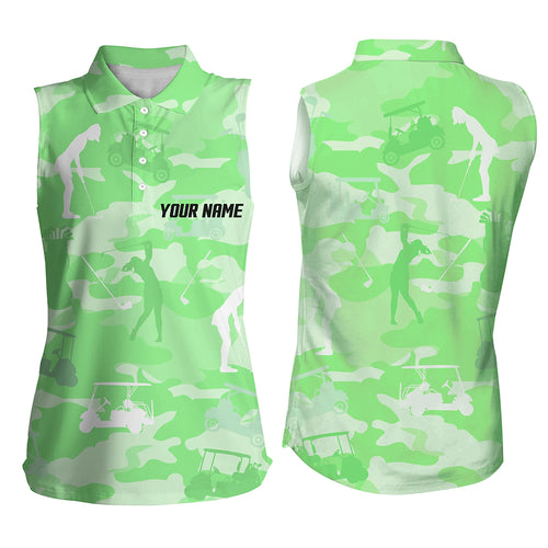 Green camo Womens sleeveless polo shirt custom name  green golf shirts for women, golfing gifts NQS5925