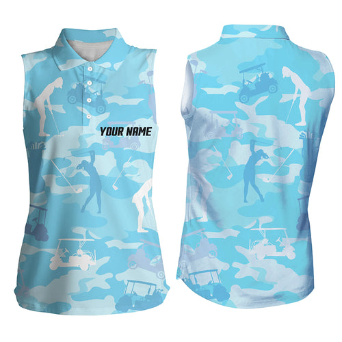 Blue camo Womens sleeveless polo shirt custom name  blue golf shirts for women, golfing gifts NQS5926