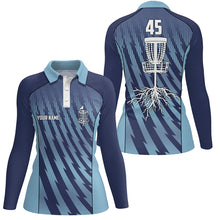 Load image into Gallery viewer, Women disc golf polo shirt custom name and number blue camo disc golf basket ladies golf tops NQS5927