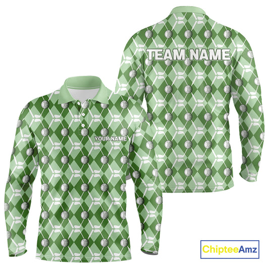 Mens golf polo shirts custom green argyle plaid pattern golf attire for men, golfer gifts NQS10435