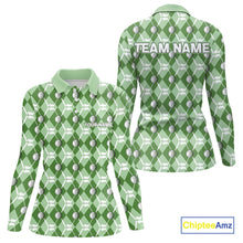Load image into Gallery viewer, Women golf polo shirts custom green argyle plaid pattern golf attire for ladies, golfer gifts NQS10435