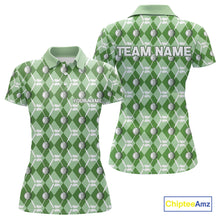 Load image into Gallery viewer, Women golf polo shirts custom green argyle plaid pattern golf attire for ladies, golfer gifts NQS10435