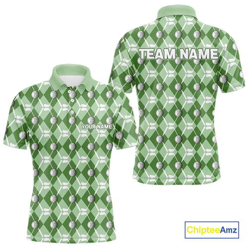Mens golf polo shirts custom green argyle plaid pattern golf attire for men, golfer gifts NQS10435