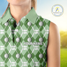 Load image into Gallery viewer, Women sleeveless polo shirt custom green argyle plaid pattern golf attire for ladies, golfer gifts NQS10435
