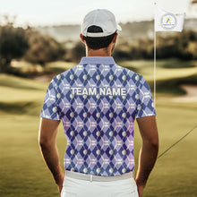 Load image into Gallery viewer, Mens golf polo shirts custom blue argyle plaid pattern golf attire for men, golfer gifts NQS10434