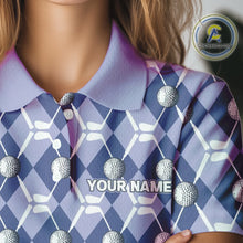 Load image into Gallery viewer, Women golf polo shirts custom blue argyle plaid pattern golf attire for ladies, golfer gifts NQS10434