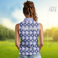 Load image into Gallery viewer, Women sleeveless polo shirt custom blue argyle plaid pattern golf attire for ladies, golfer gifts NQS10434