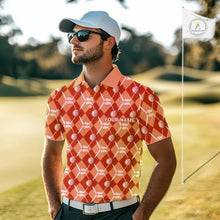 Load image into Gallery viewer, Mens golf polo shirts custom orange argyle plaid pattern golf attire for men, golfer gifts NQS10436