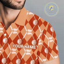 Load image into Gallery viewer, Mens golf polo shirts custom orange argyle plaid pattern golf attire for men, golfer gifts NQS10436
