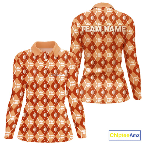 Women golf polo shirts custom orange argyle plaid pattern golf attire for ladies, golfer gifts NQS10436