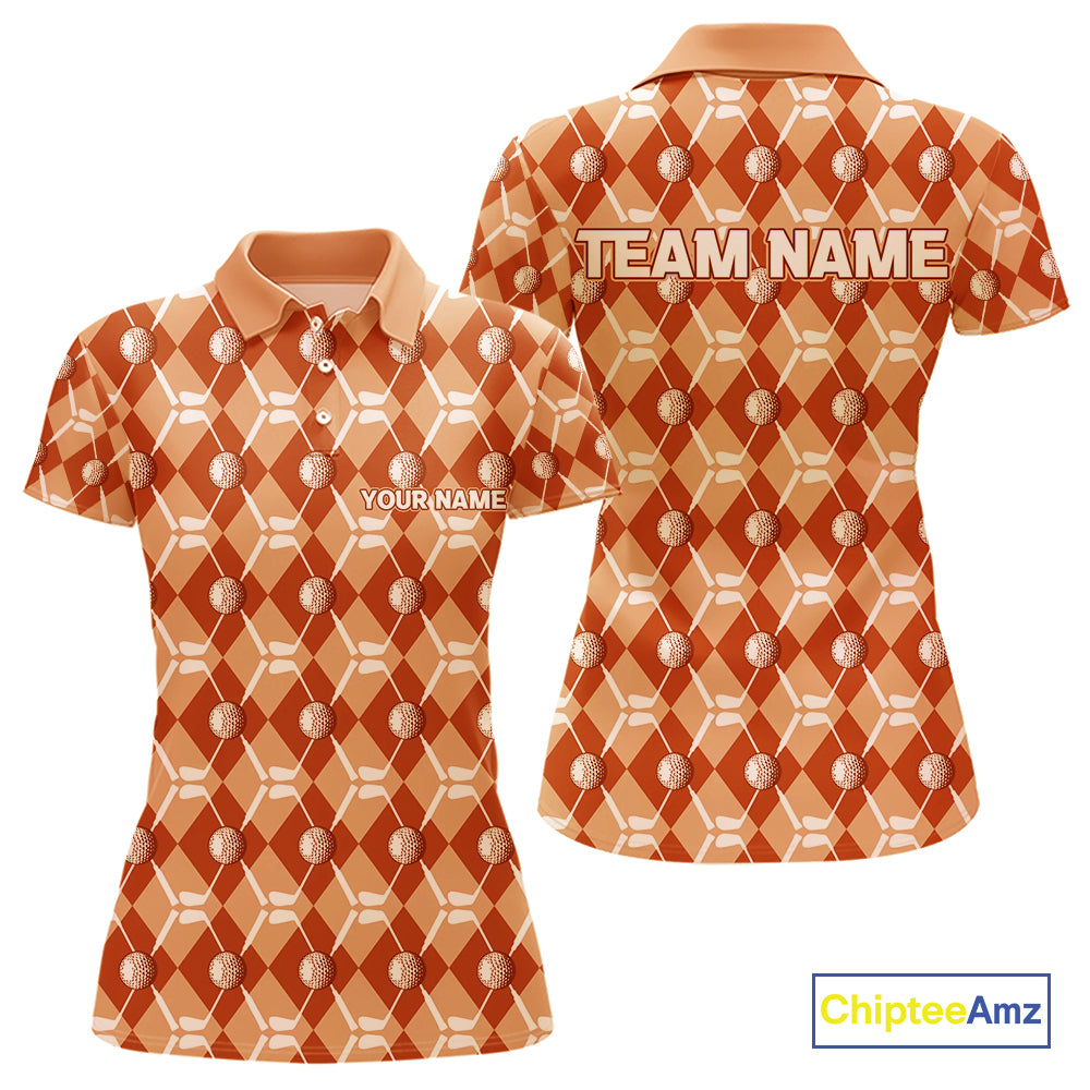 Women golf polo shirts custom orange argyle plaid pattern golf attire for ladies, golfer gifts NQS10436