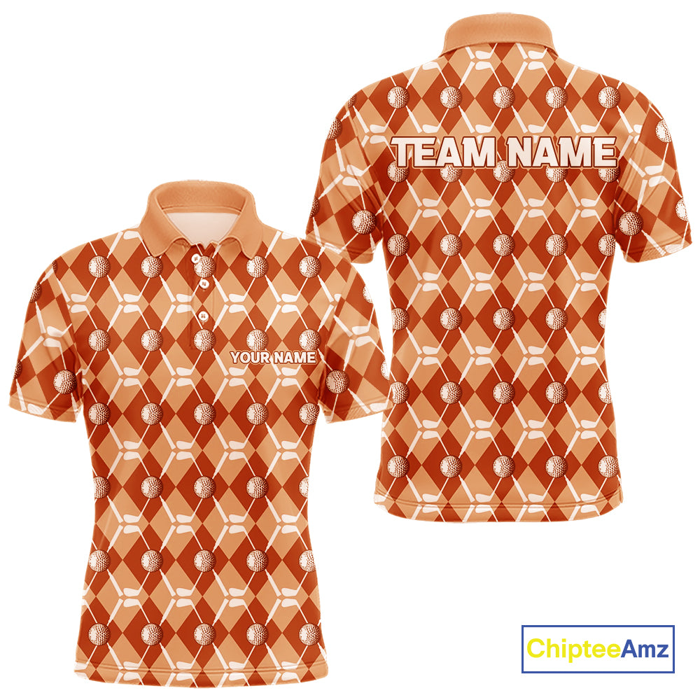 Mens golf polo shirts custom orange argyle plaid pattern golf attire for men, golfer gifts NQS10436