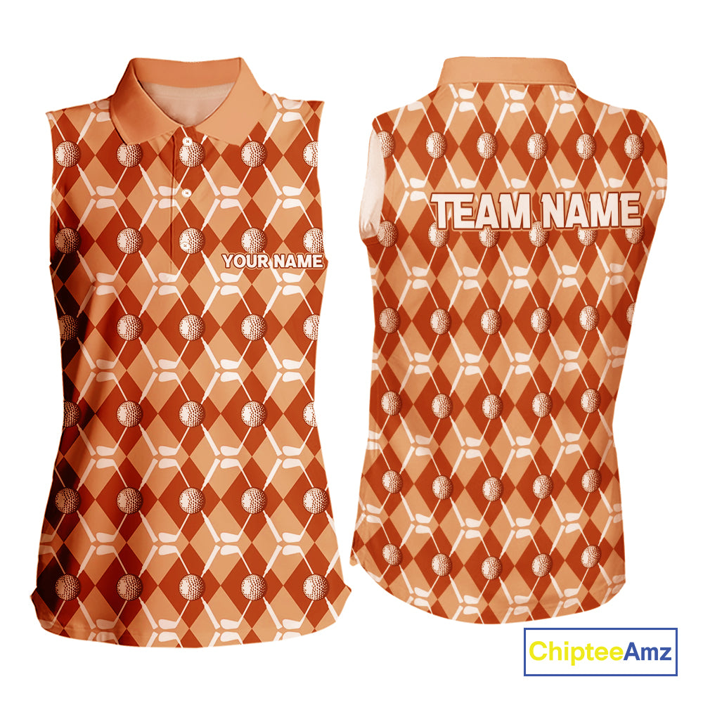 Women sleeveless polo shirt custom orange argyle plaid pattern golf attire for ladies, golfer gifts NQS10436