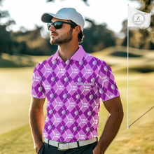Load image into Gallery viewer, Mens golf polo shirts custom light purple argyle plaid pattern golf attire for men, golfer gifts NQS10437