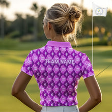 Load image into Gallery viewer, Women golf polo shirts custom light purple argyle plaid pattern golf attire for ladies, golfer gifts NQS10437