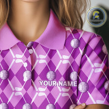Load image into Gallery viewer, Women golf polo shirts custom light purple argyle plaid pattern golf attire for ladies, golfer gifts NQS10437