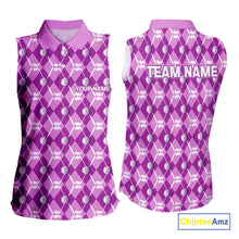 Load image into Gallery viewer, Women sleeveless polo shirt custom light purple argyle plaid pattern golf attire for ladies NQS10437