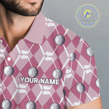 Load image into Gallery viewer, Mens golf polo shirts custom pink argyle plaid pattern golf attire for men, golfer gifts NQS10443