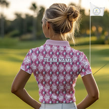 Load image into Gallery viewer, Women golf polo shirts custom pink argyle plaid pattern golf attire for ladies, golfer gifts NQS10443