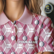 Load image into Gallery viewer, Women golf polo shirts custom pink argyle plaid pattern golf attire for ladies, golfer gifts NQS10443