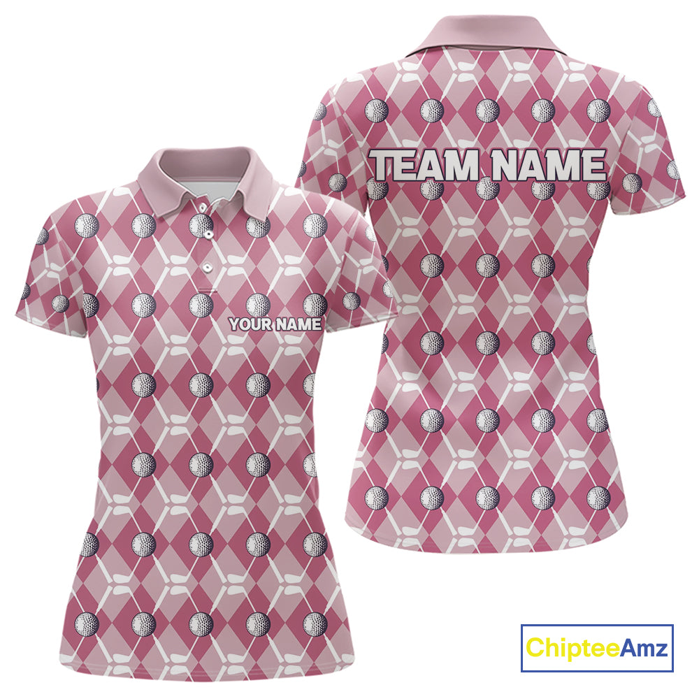 Women golf polo shirts custom pink argyle plaid pattern golf attire for ladies, golfer gifts NQS10443